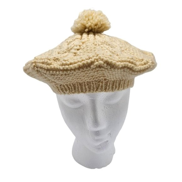 Vintage Accessories - Irish wool pom cable knit cream beret winter hat